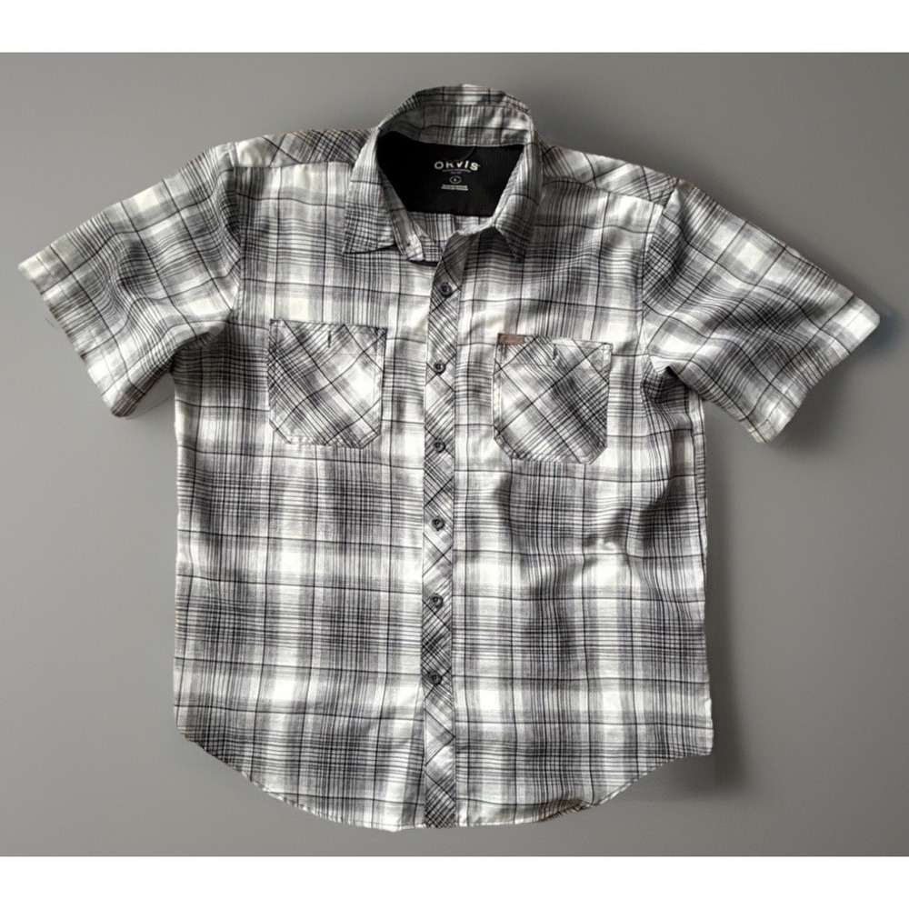 Orvis Classic Short Sleeve Button Up Tech Shirt Gray Black Plaid Logo Large JBHS